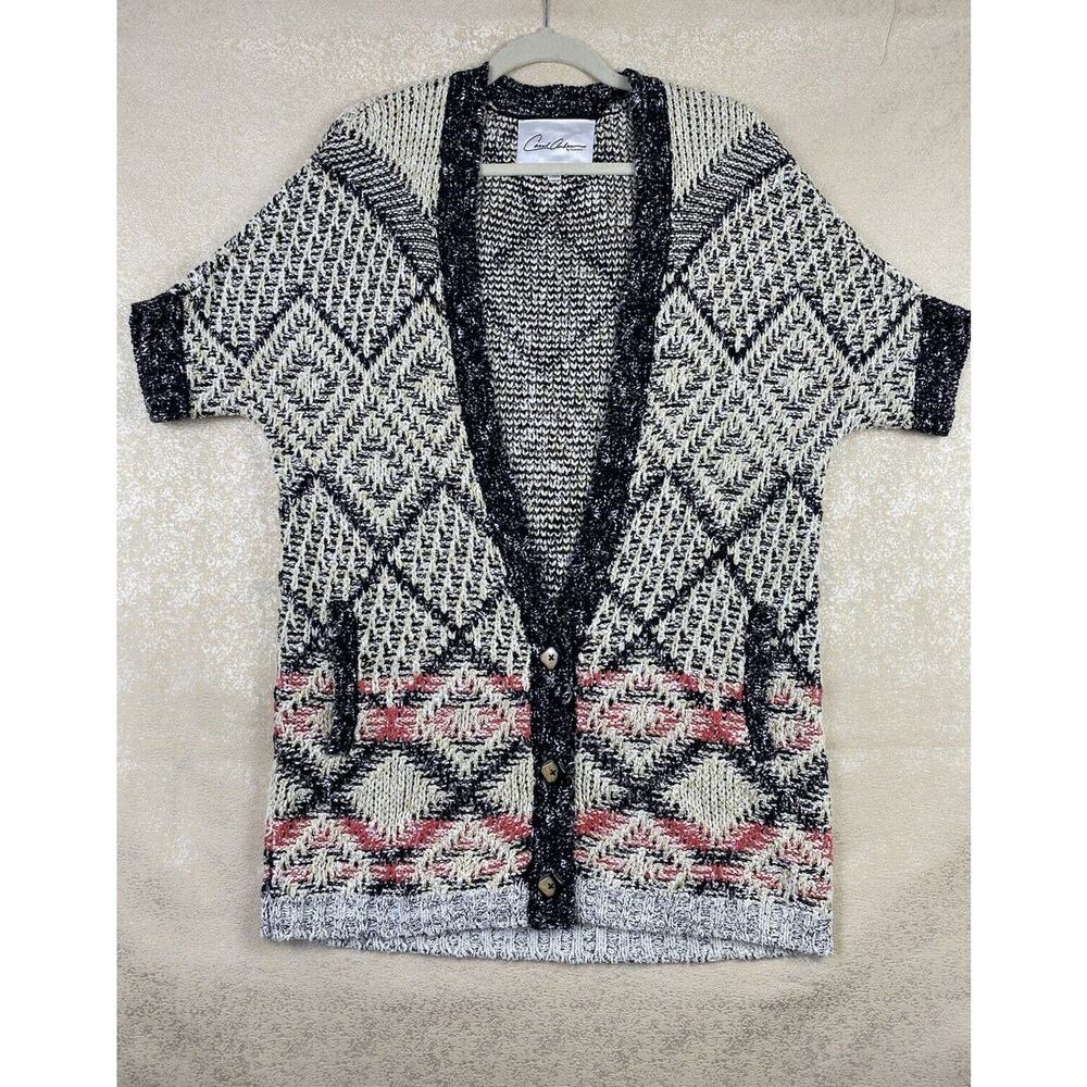 CAbi Carol Anderson Beige Black Short Sleeve Provence Cardigan Sweater Sz S